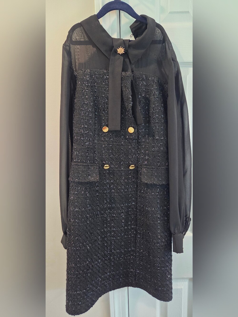 Ted Baker London Mesh Contrasting Tweed Long Sleeve Mixed Media Mini Dress Black